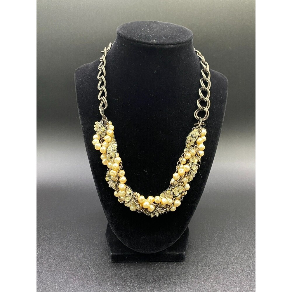 Faux Pearl Sequin Bead Ribbon & Chain Statement Necklace